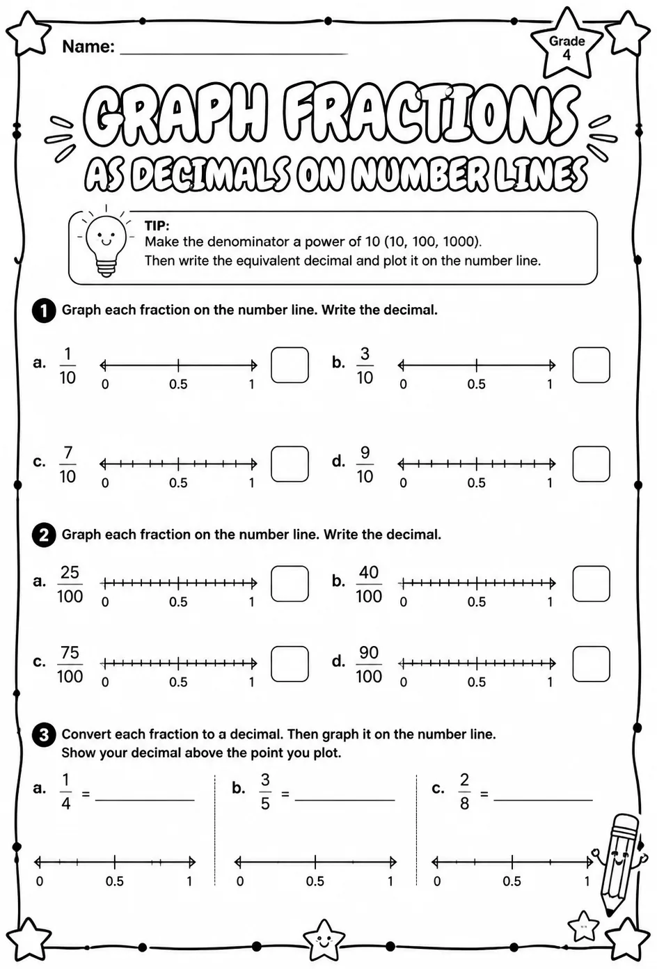 Graph fractions as decimals on number lines — free printable Grade 4 math worksheet