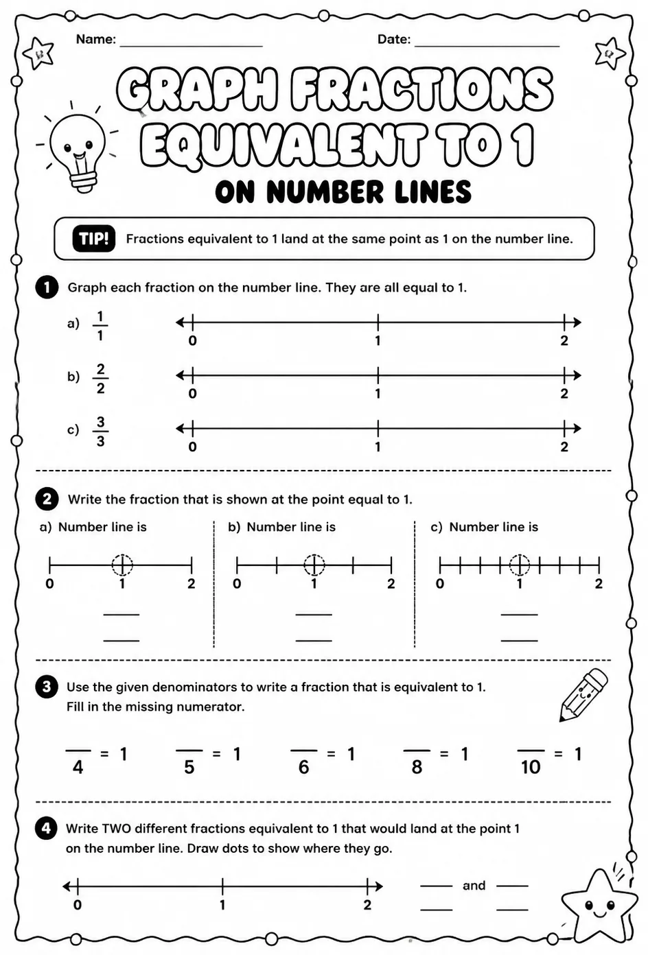 Graph fractions equivalent to 1 on number lines — free printable Grade 3 math worksheet