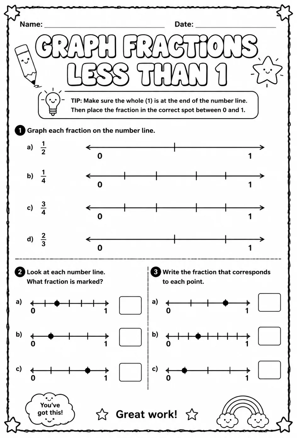Graph fractions less than 1 on number lines — free printable Grade 3 math worksheet