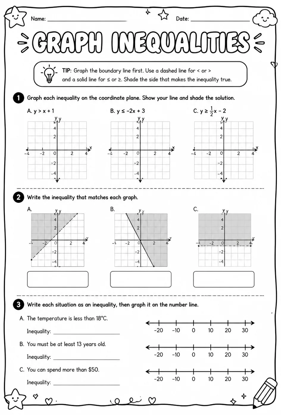 Graph inequalities — free printable Algebra 1 math worksheet