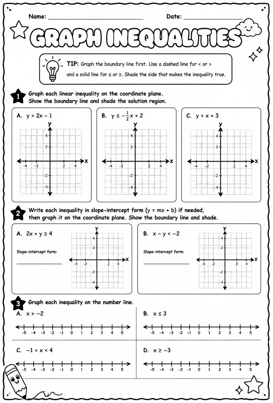 Graph inequalities — free printable Algebra 2 math worksheet