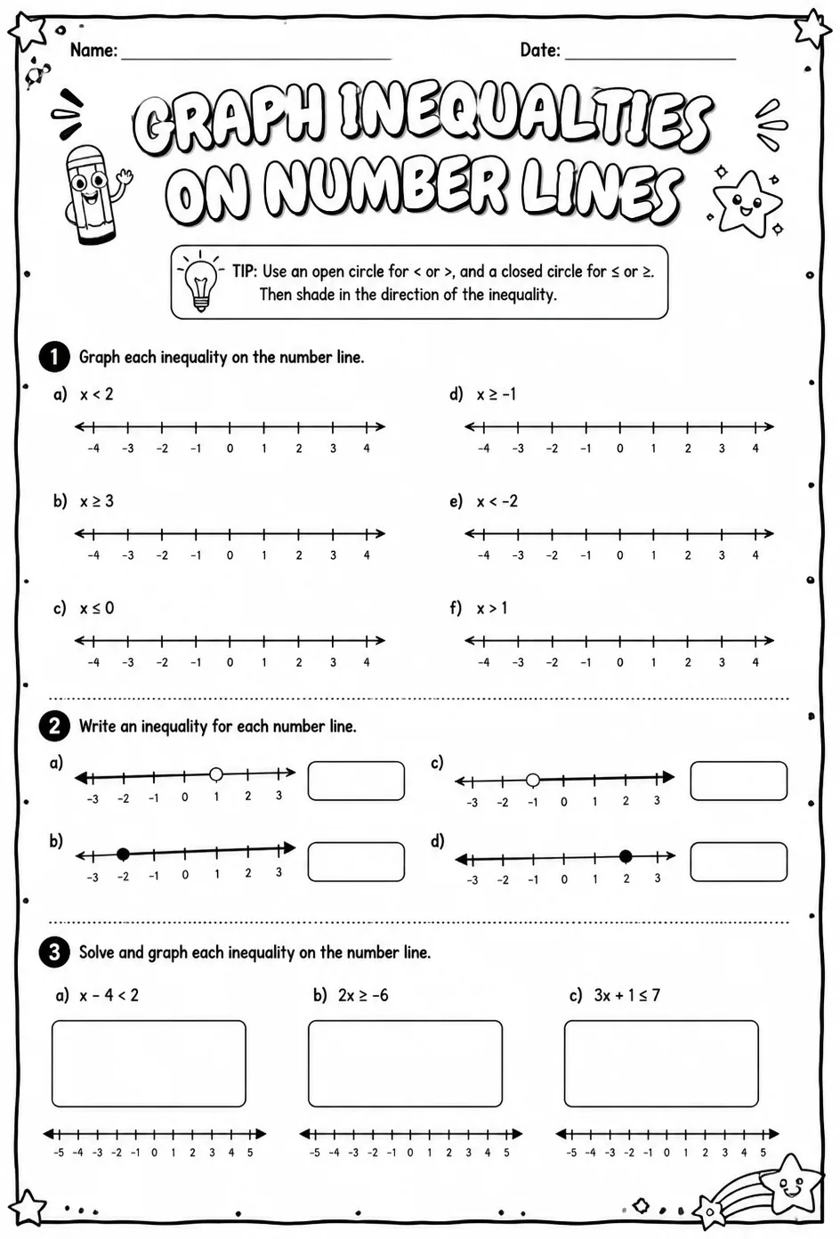 Graph inequalities on number lines — free printable Grade 6 math worksheet