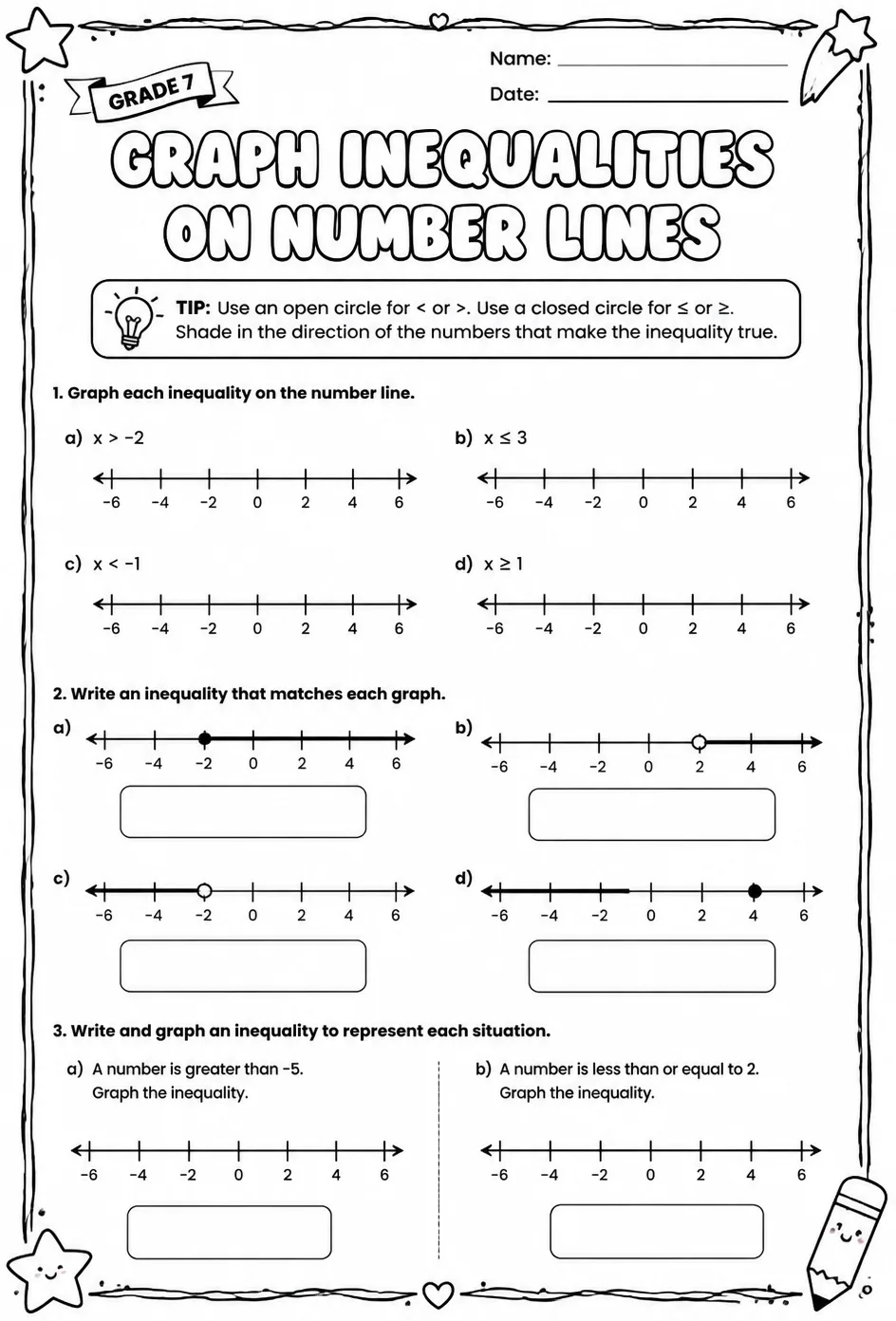 Graph inequalities on number lines — free printable Grade 7 math worksheet