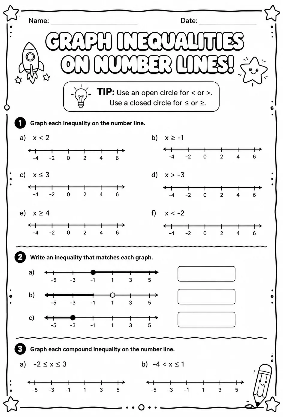 Graph inequalities on number lines — free printable Grade 8 math worksheet