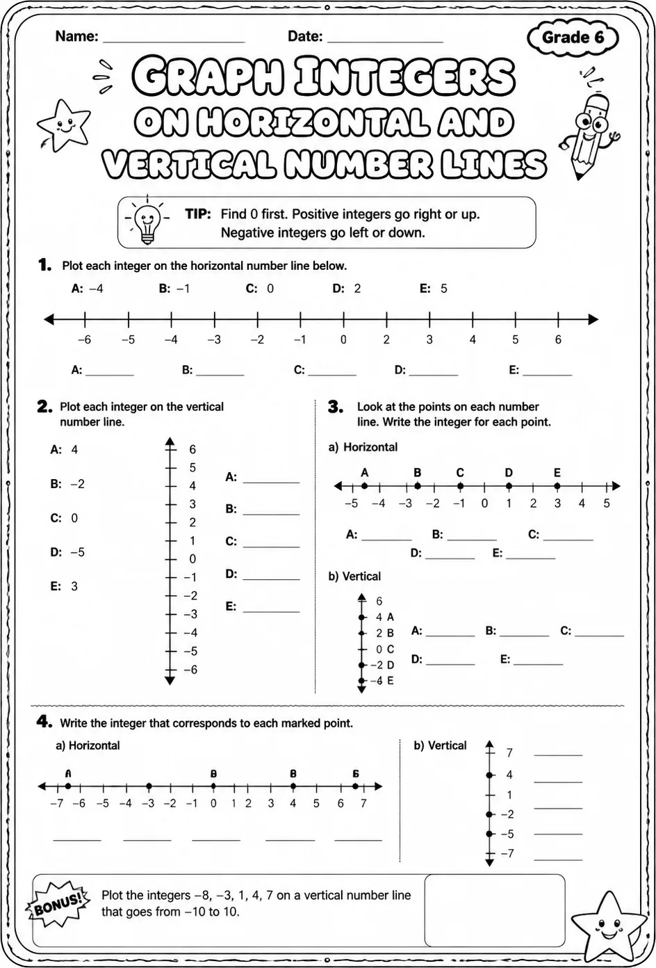 Graph integers on horizontal and vertical number lines — free printable Grade 6 math worksheet