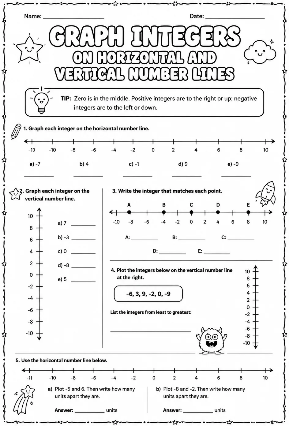 Graph integers on horizontal and vertical number lines — free printable Grade 7 math worksheet