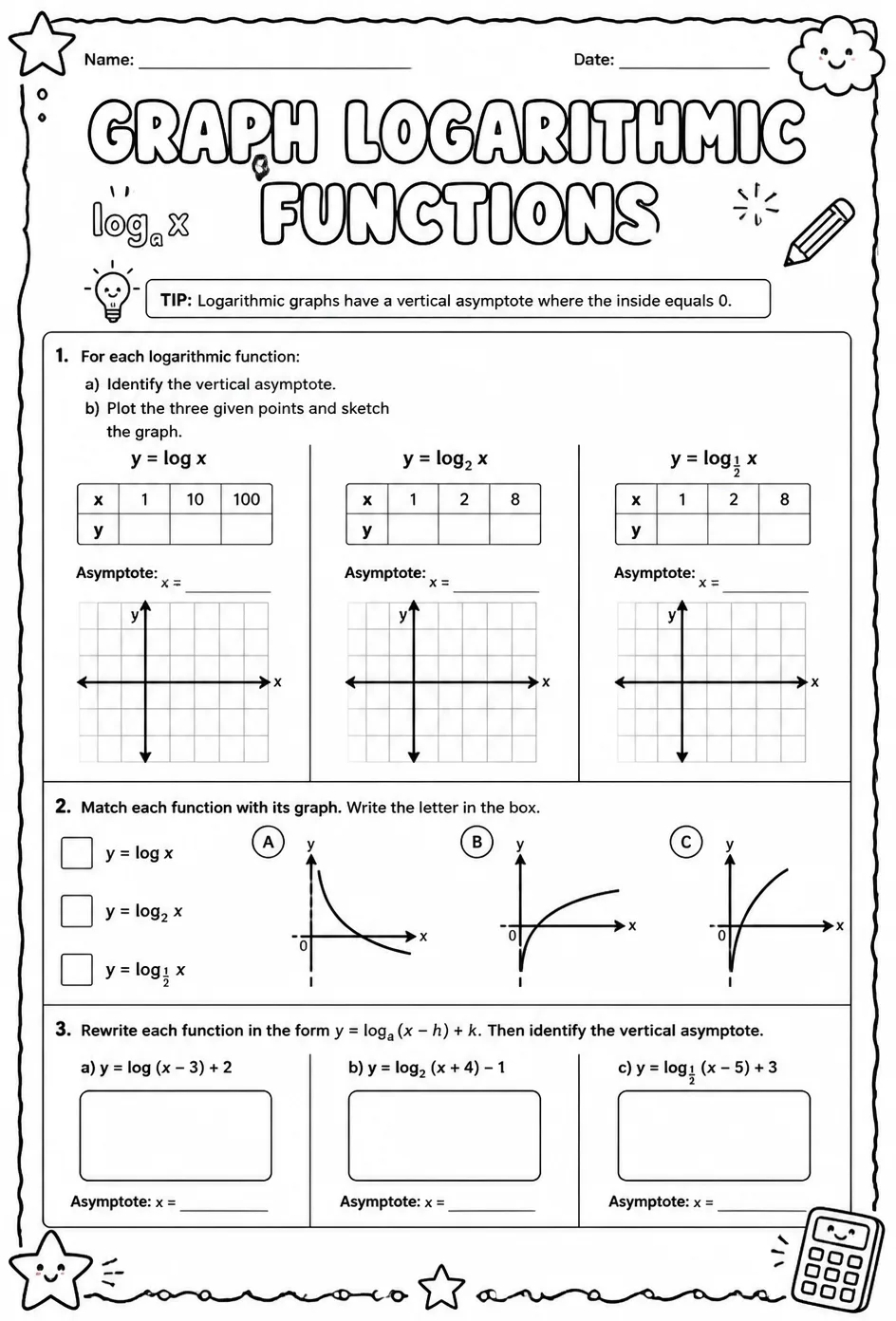 Graph logarithmic functions — free printable Algebra 2 math worksheet