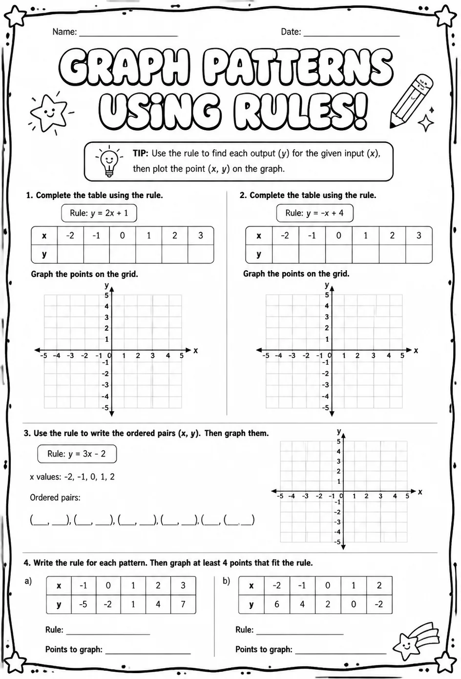 Graph patterns using rules — free printable Grade 5 math worksheet