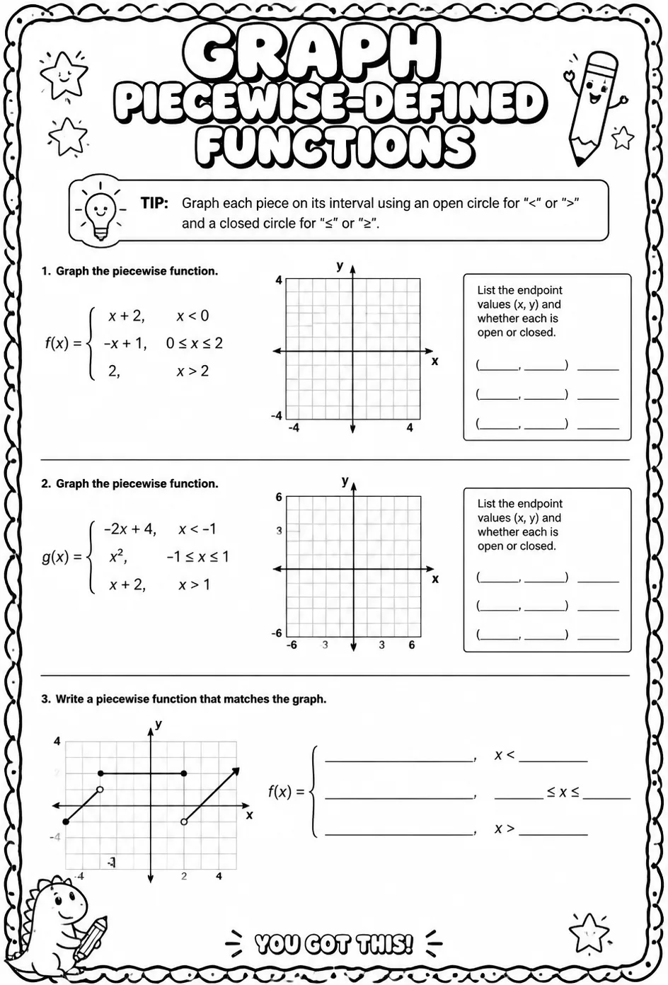 Graph piecewise-defined functions — free printable Algebra 2 math worksheet