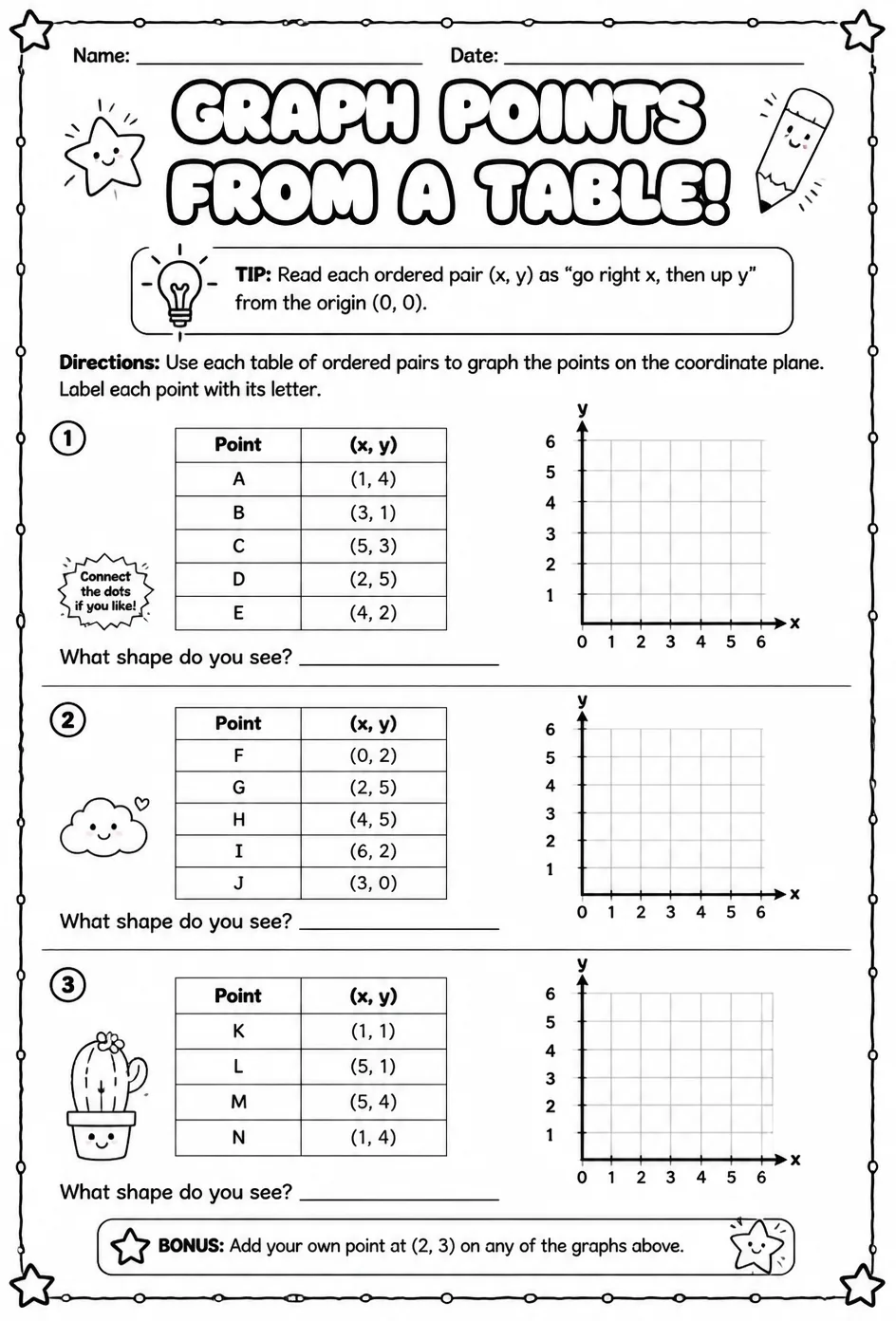 Graph points from a table — free printable Grade 5 math worksheet