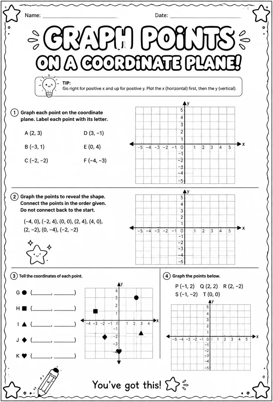 Graph points on a coordinate plane — free printable Grade 6 math worksheet