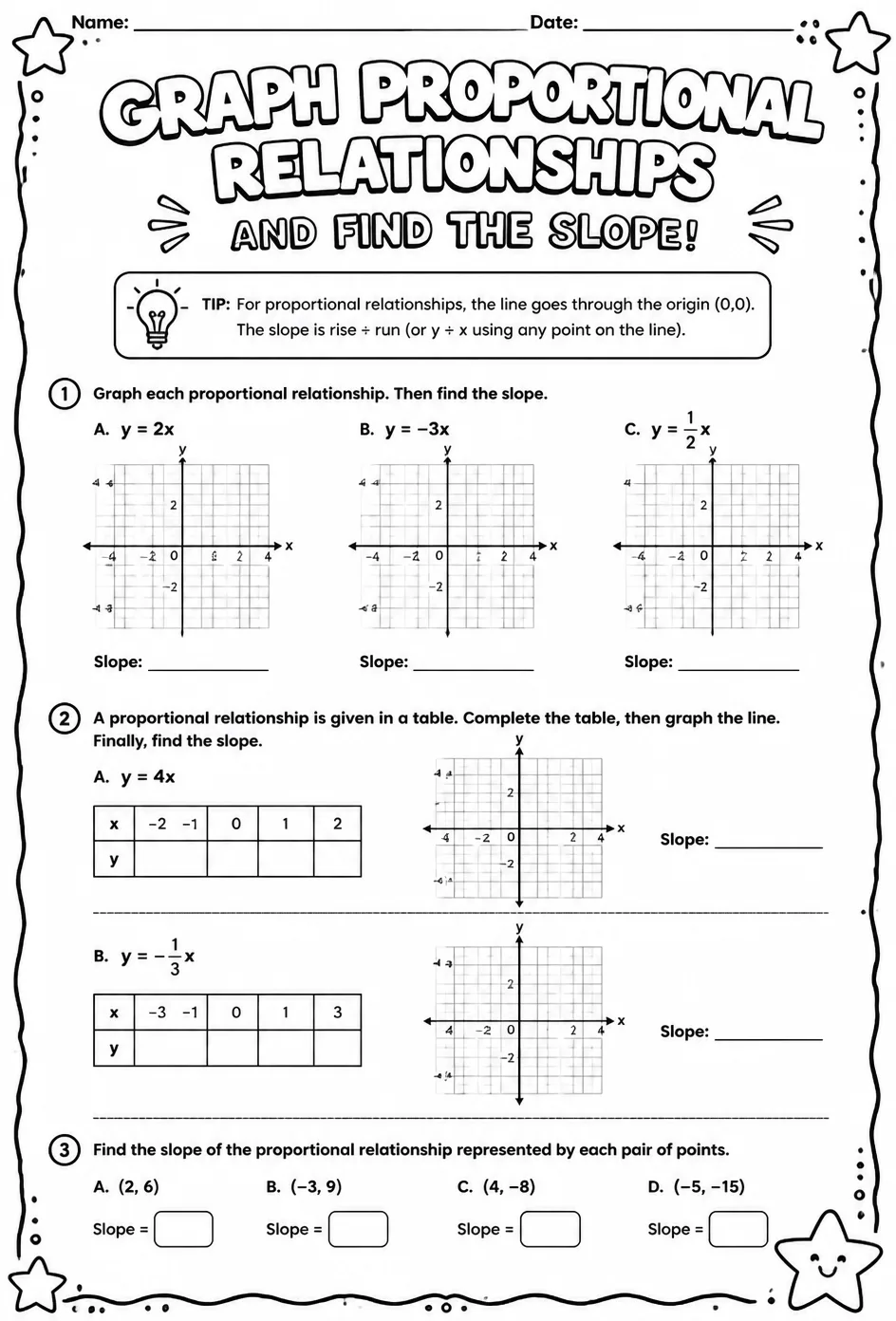 Graph proportional relationships and find the slope — free printable Grade 8 math worksheet