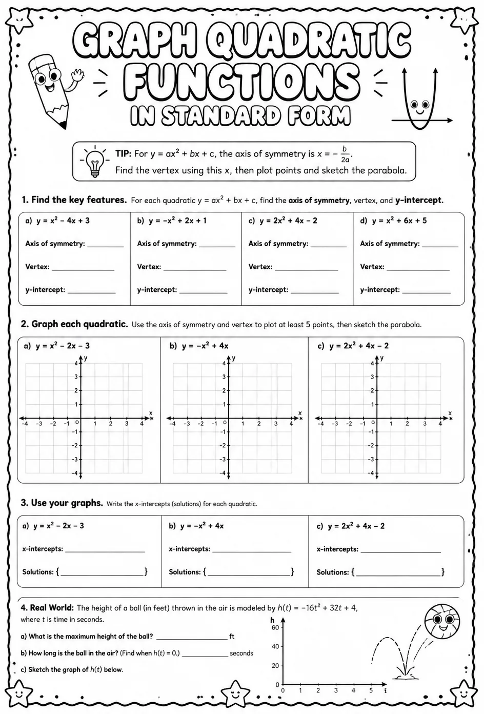 Graph quadratic functions in standard form — free printable Algebra 1 math worksheet