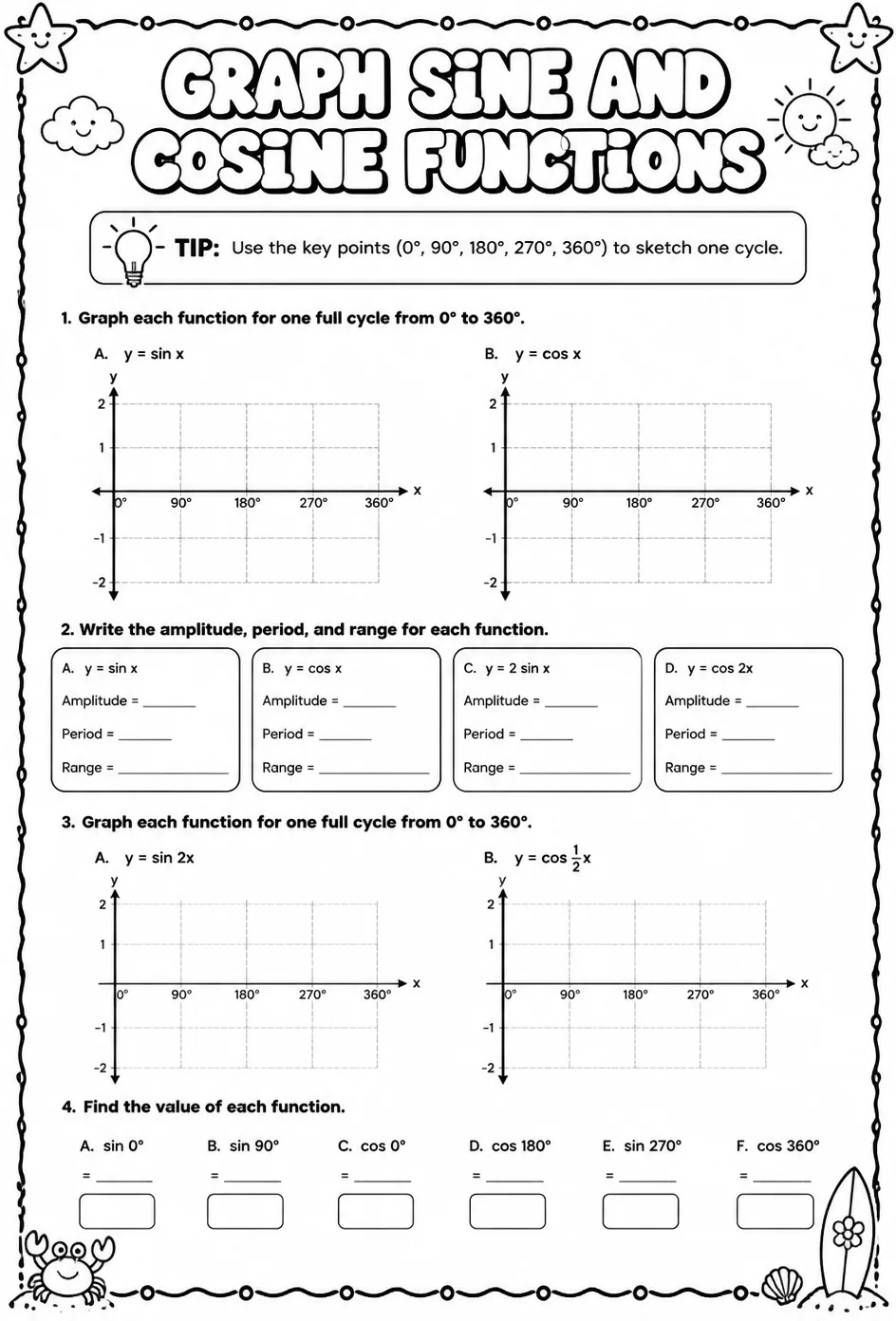 Graph sine and cosine functions — free printable Precalculus math worksheet