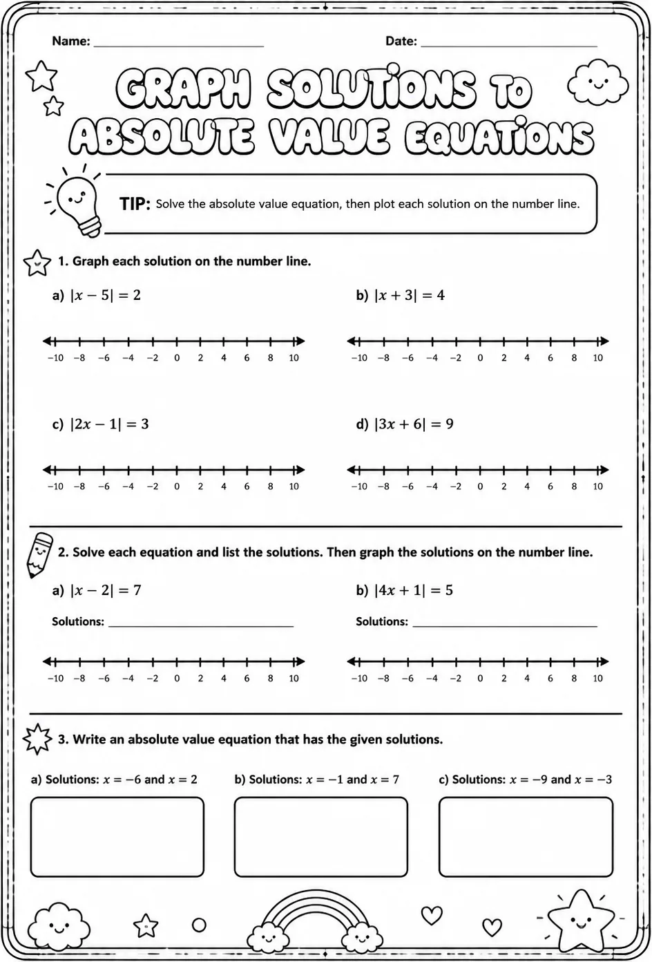 Graph solutions to absolute value equations — free printable Algebra 2 math worksheet