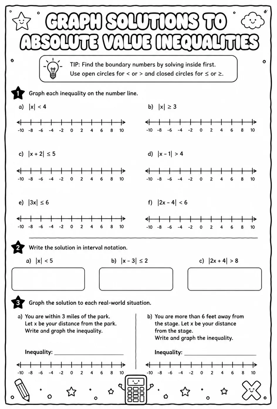 Graph solutions to absolute value inequalities — free printable Algebra 1 math worksheet