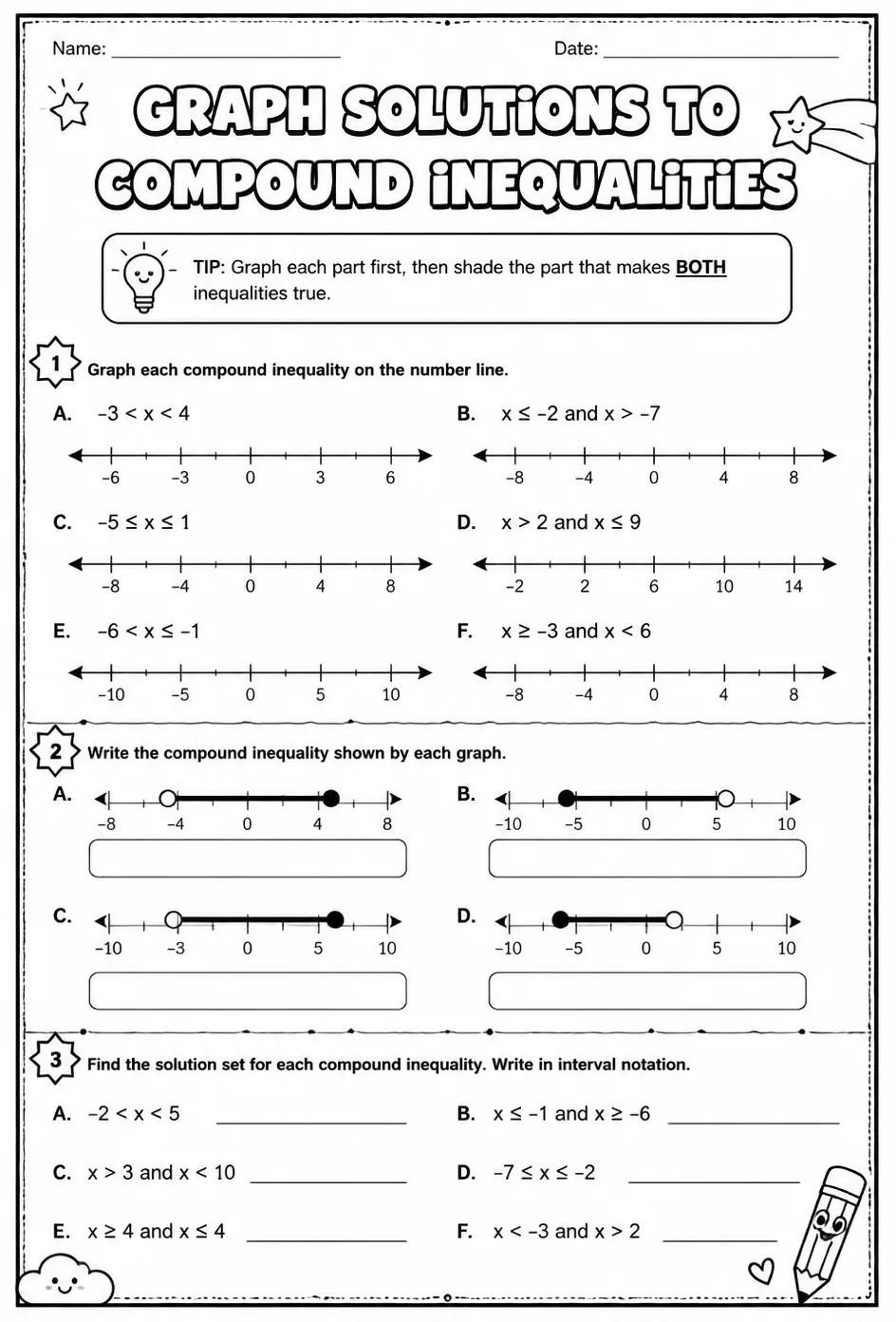 Graph solutions to compound inequalities — free printable Algebra 1 math worksheet