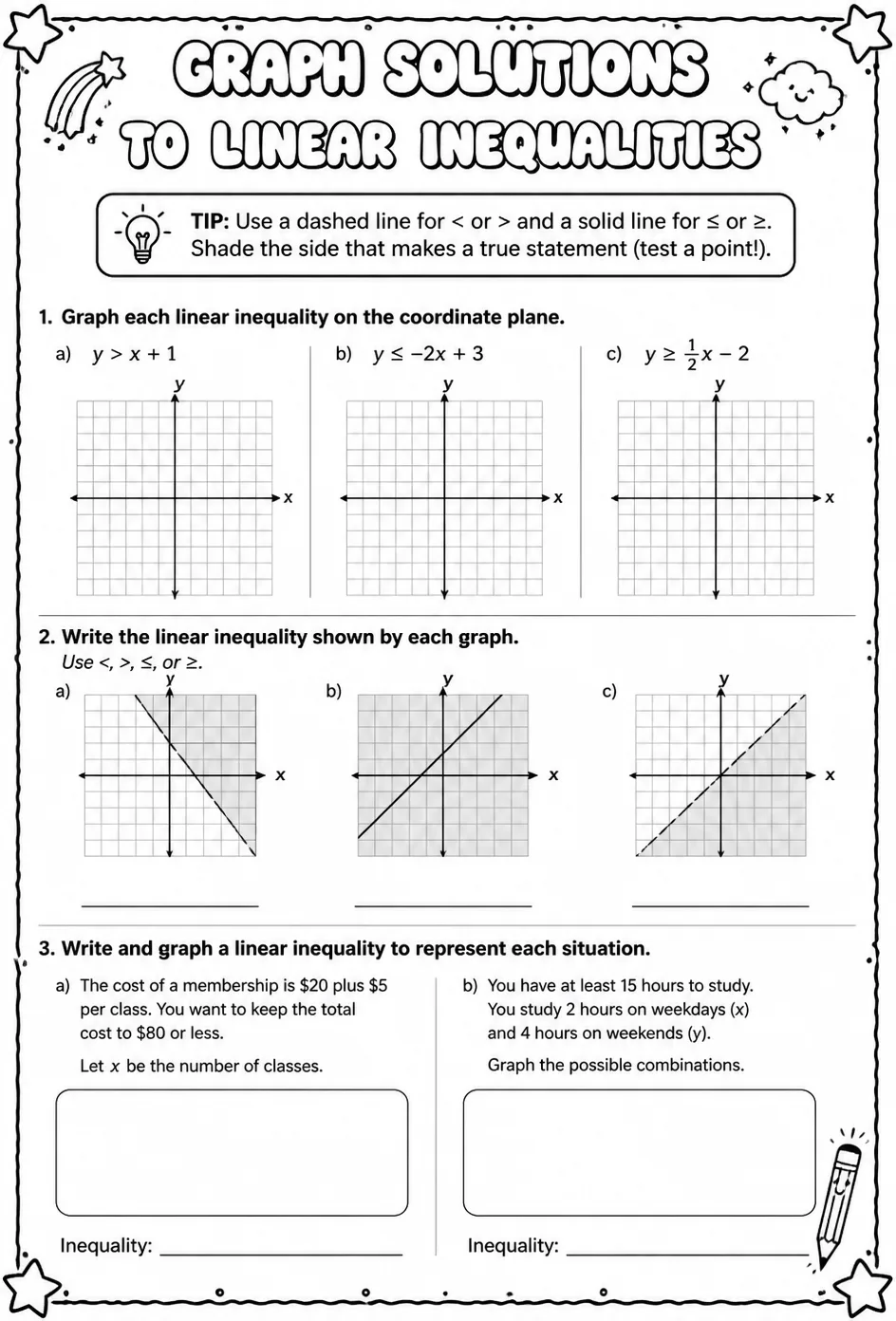 Graph solutions to linear inequalities — free printable Algebra 2 math worksheet