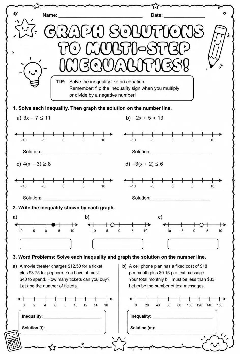 Graph solutions to multi-step inequalities — free printable Grade 8 math worksheet