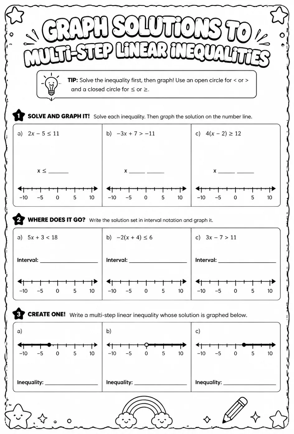 Graph solutions to multi-step linear inequalities — free printable Algebra 1 math worksheet