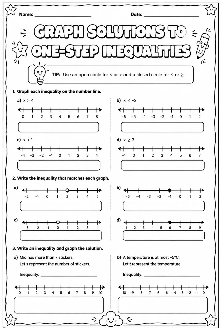 Graph solutions to one-step inequalities — free printable Grade 6 math worksheet