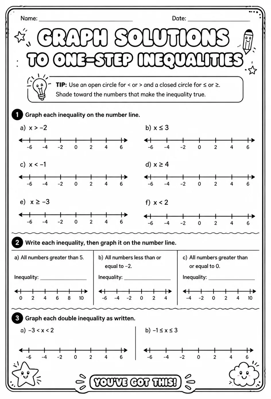 Graph solutions to one-step inequalities — free printable Grade 7 math worksheet