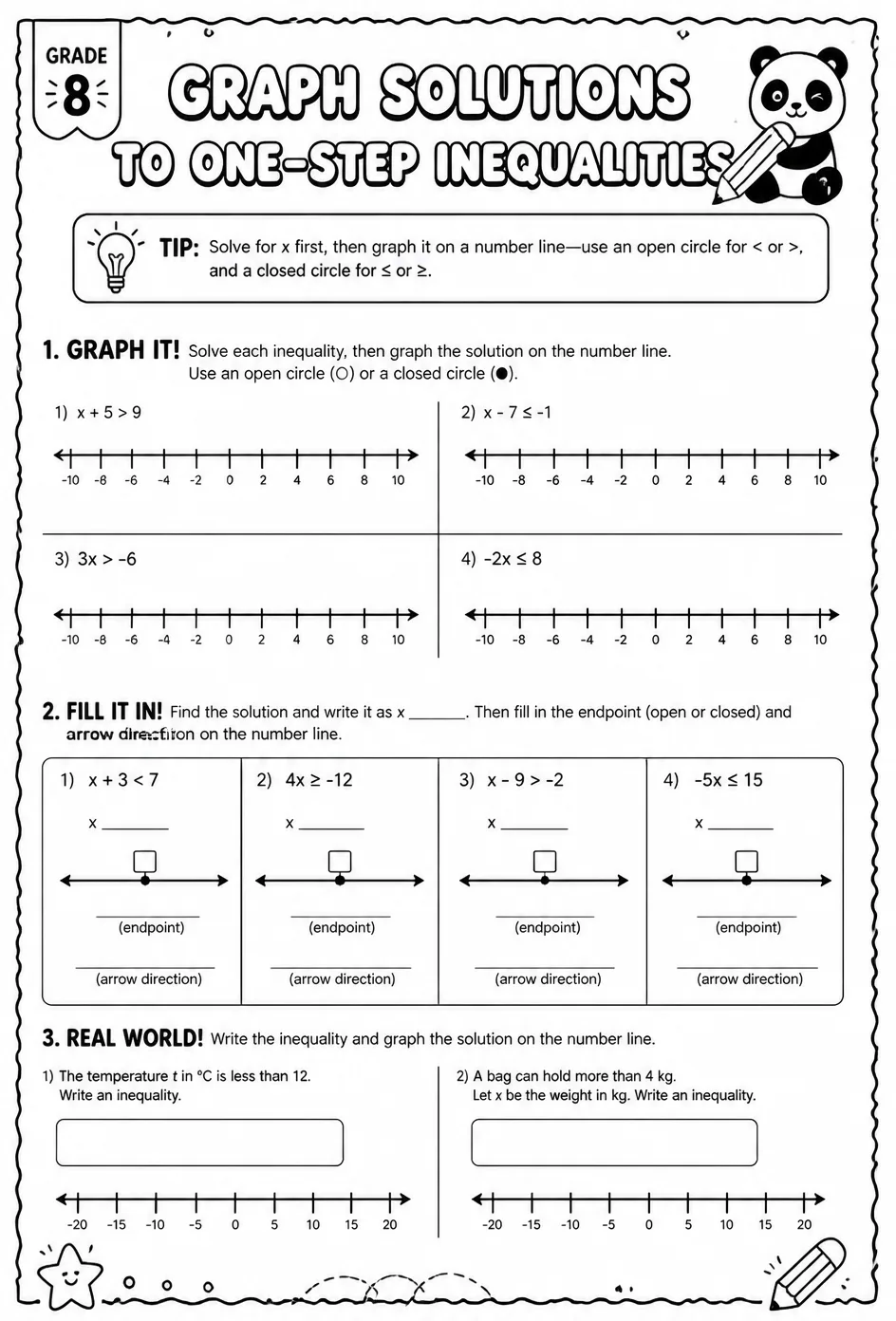 Graph solutions to one-step inequalities — free printable Grade 8 math worksheet