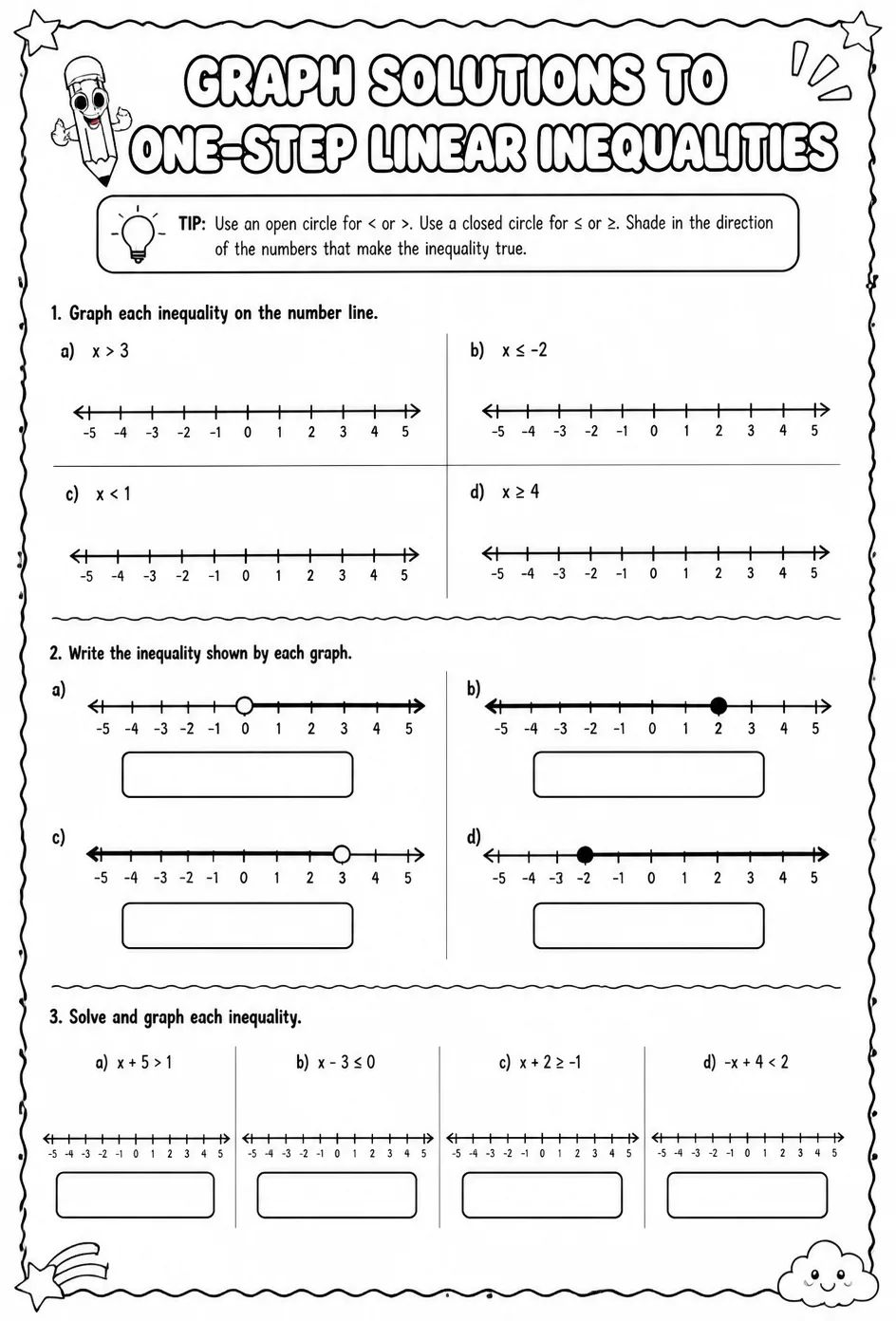 Graph solutions to one-step linear inequalities — free printable Algebra 1 math worksheet