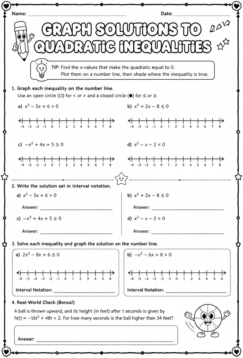 Graph solutions to quadratic inequalities — free printable Algebra 2 math worksheet