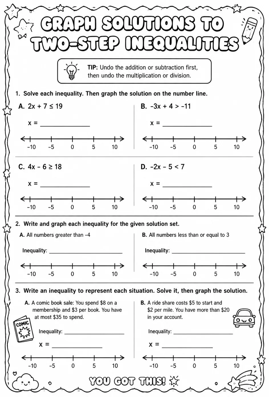 Graph solutions to two-step inequalities — free printable Grade 7 math worksheet