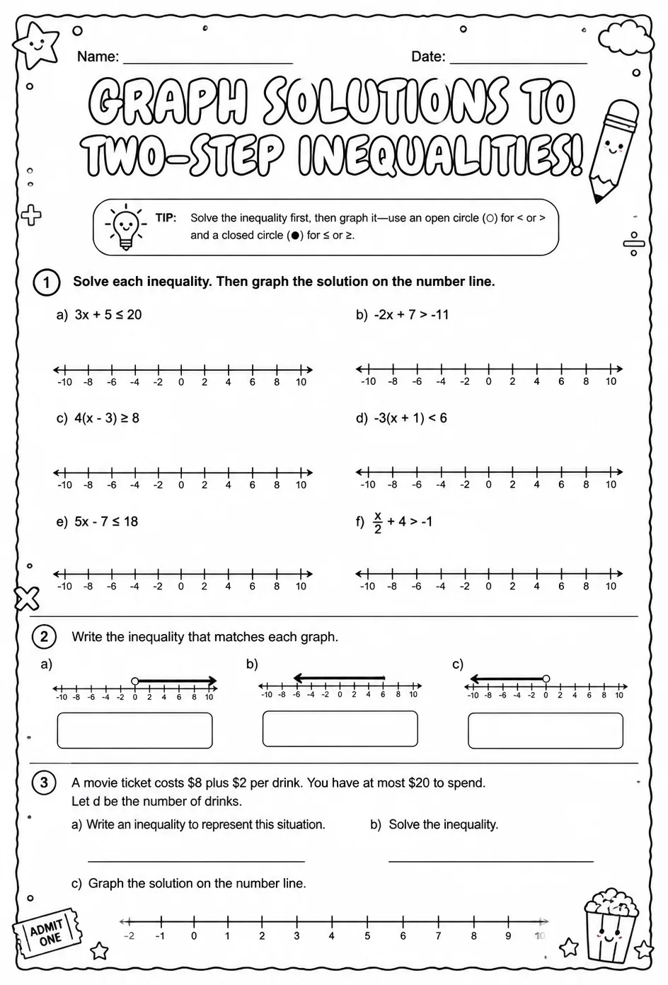 Graph solutions to two-step inequalities — free printable Grade 8 math worksheet