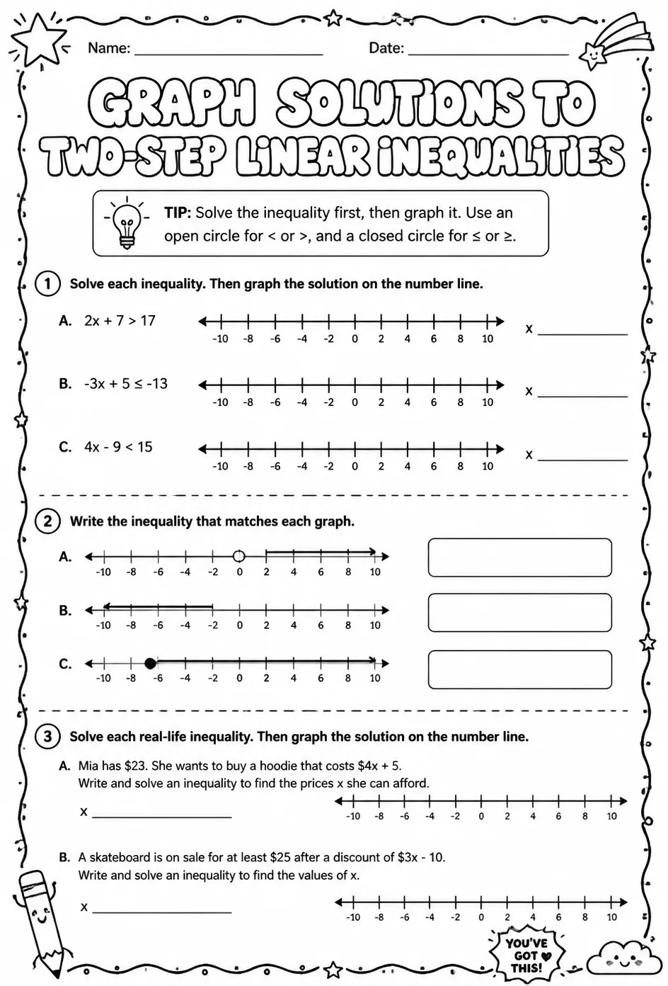 Graph solutions to two-step linear inequalities — free printable Algebra 1 math worksheet