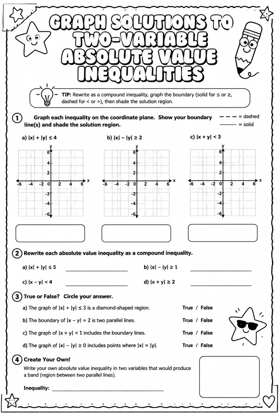 Graph solutions to two-variable absolute value inequalities — free printable Algebra 2 math worksheet
