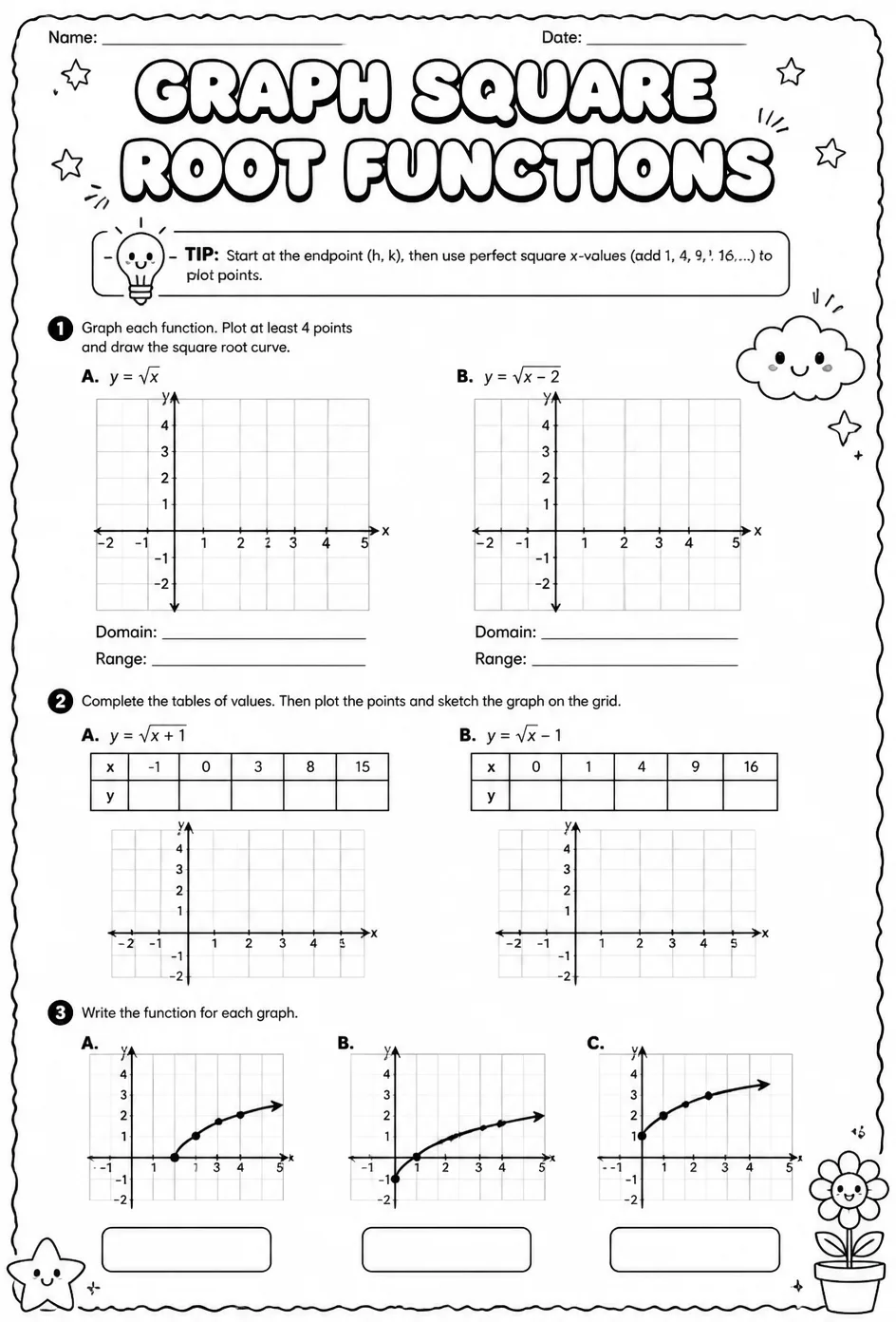 Graph square root functions — free printable Algebra 1 math worksheet