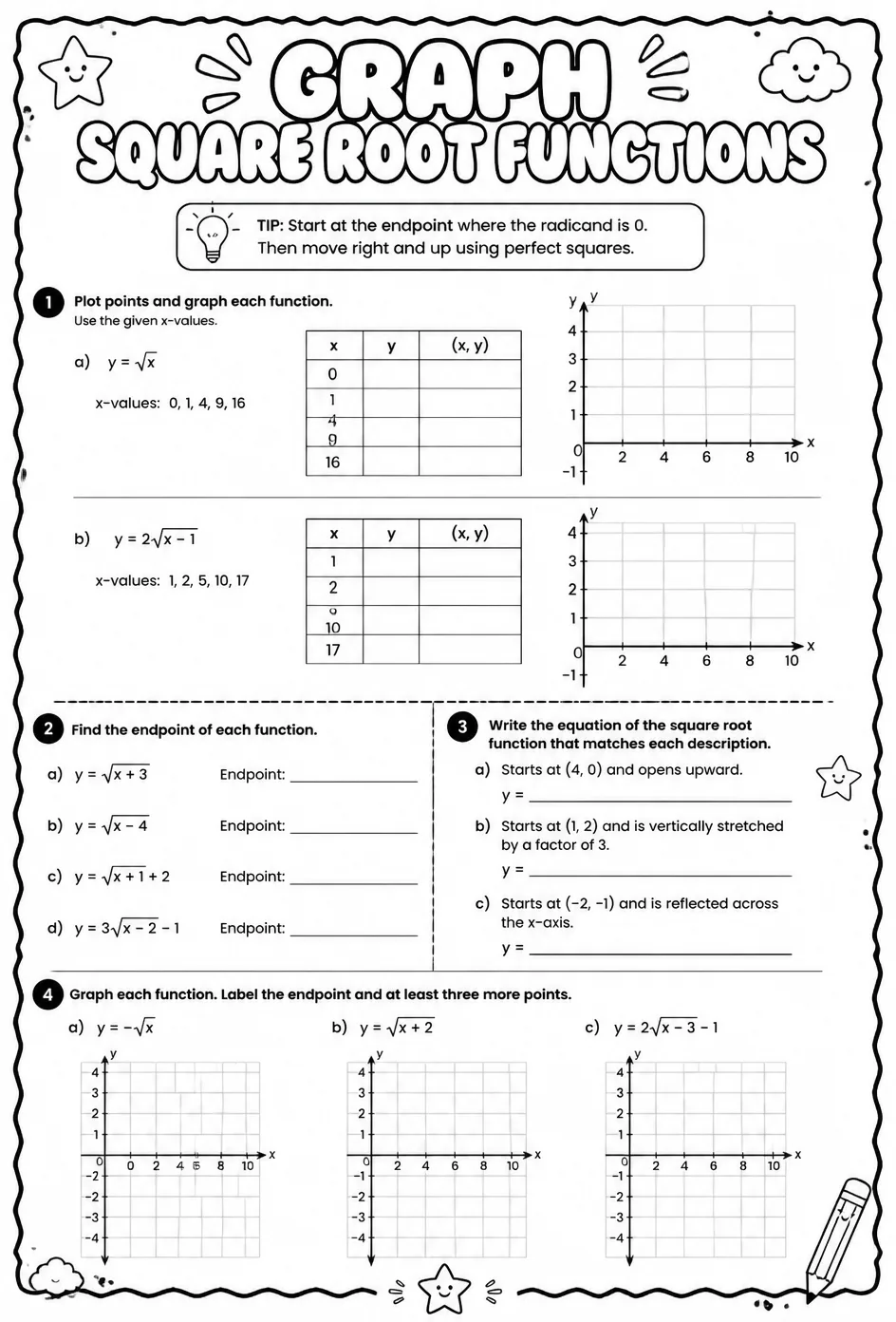 Graph square root functions — free printable Algebra 2 math worksheet