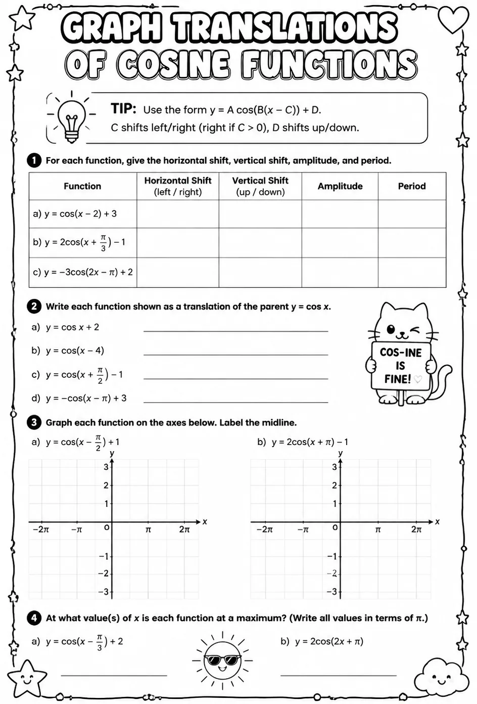 Graph translations of cosine functions — free printable Algebra 2 math worksheet