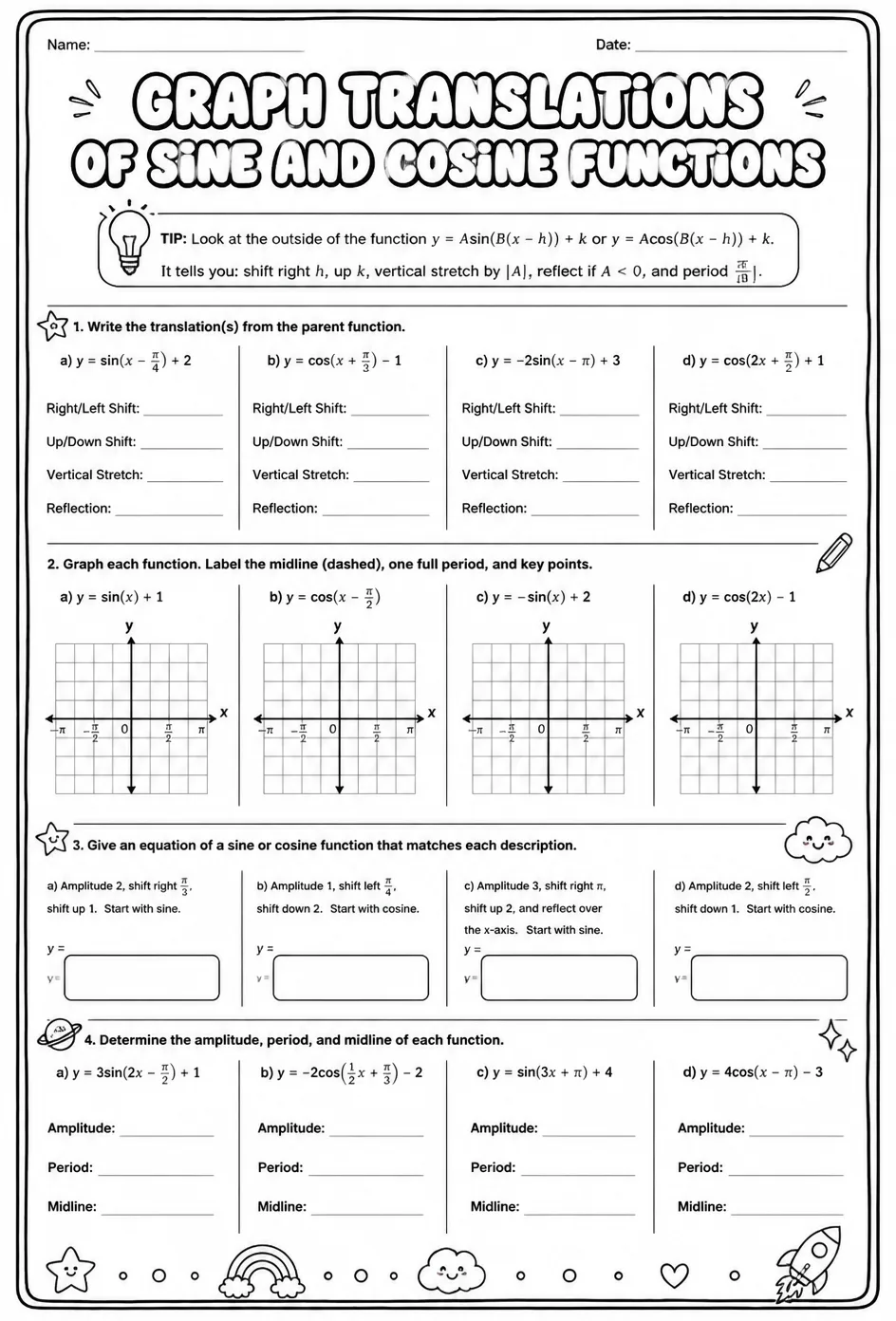 Graph translations of sine and cosine functions — free printable Algebra 2 math worksheet
