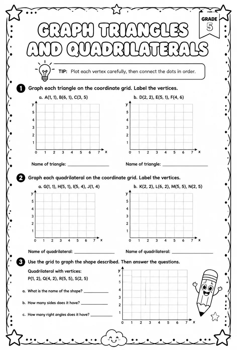 Graph triangles and quadrilaterals — free printable Grade 5 math worksheet