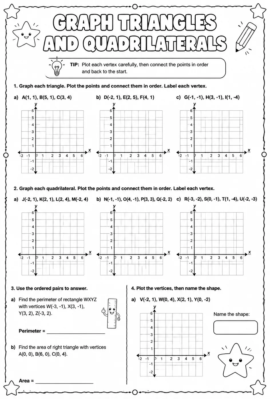 Graph triangles and quadrilaterals — free printable Grade 6 math worksheet