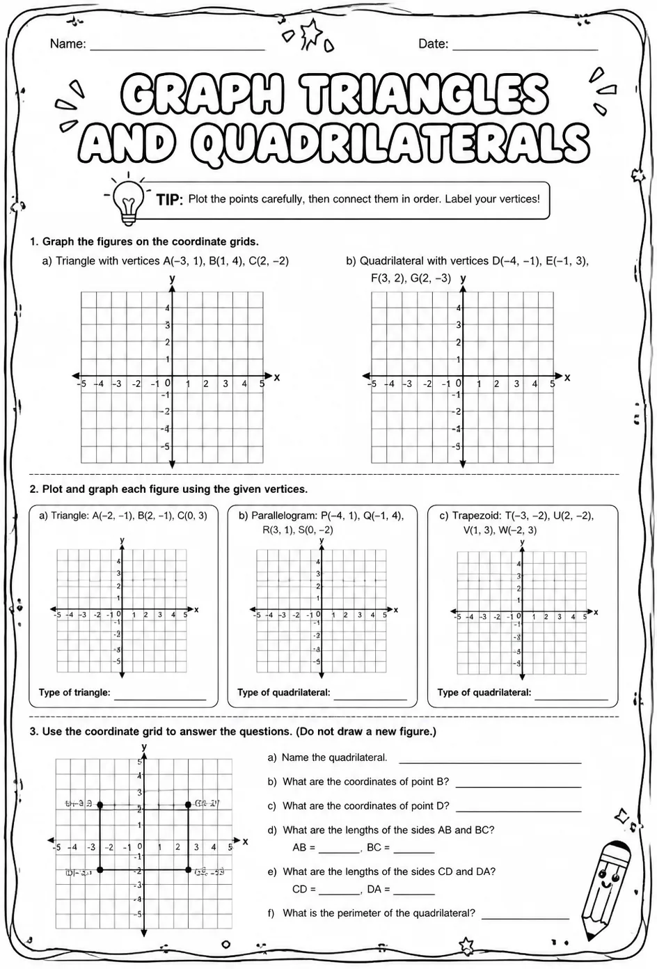Graph triangles and quadrilaterals — free printable Grade 7 math worksheet