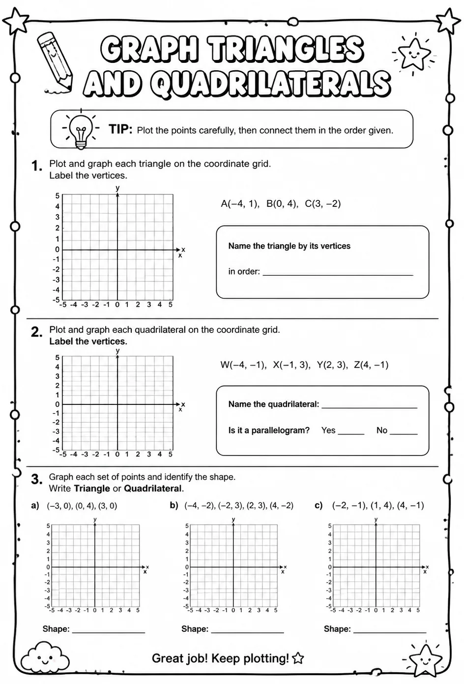 Graph triangles and quadrilaterals — free printable Grade 8 math worksheet
