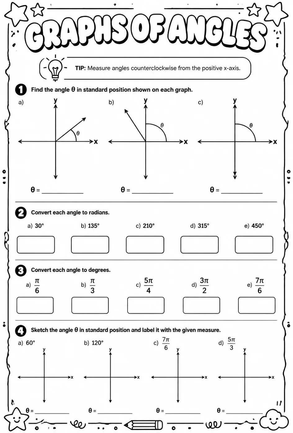 Graphs of angles — free printable Algebra 2 math worksheet
