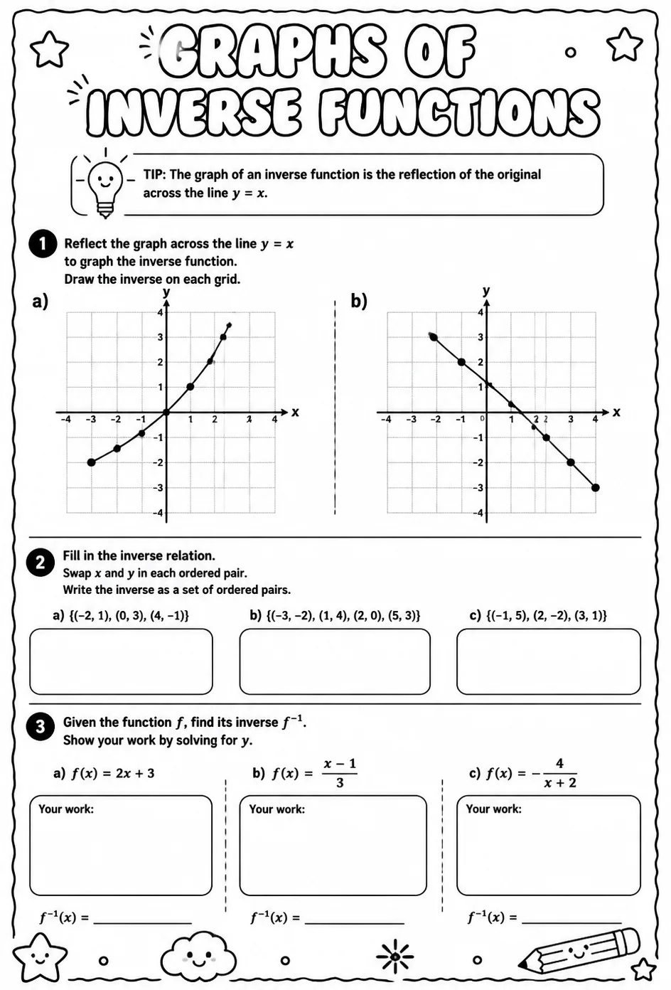 Graphs of inverse functions — free printable Algebra 2 math worksheet