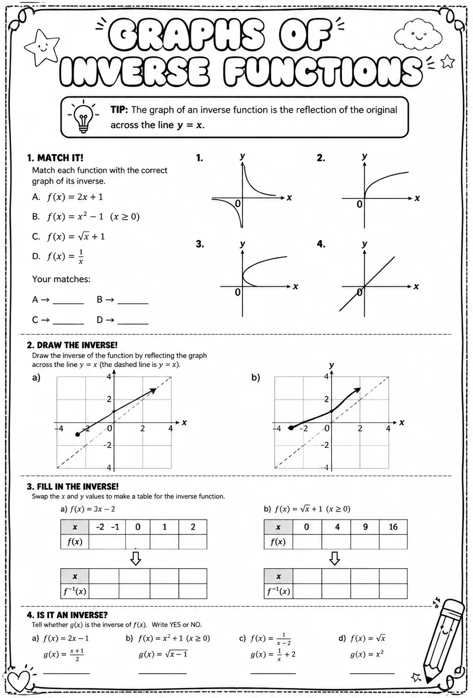 Graphs of inverse functions — free printable Precalculus math worksheet