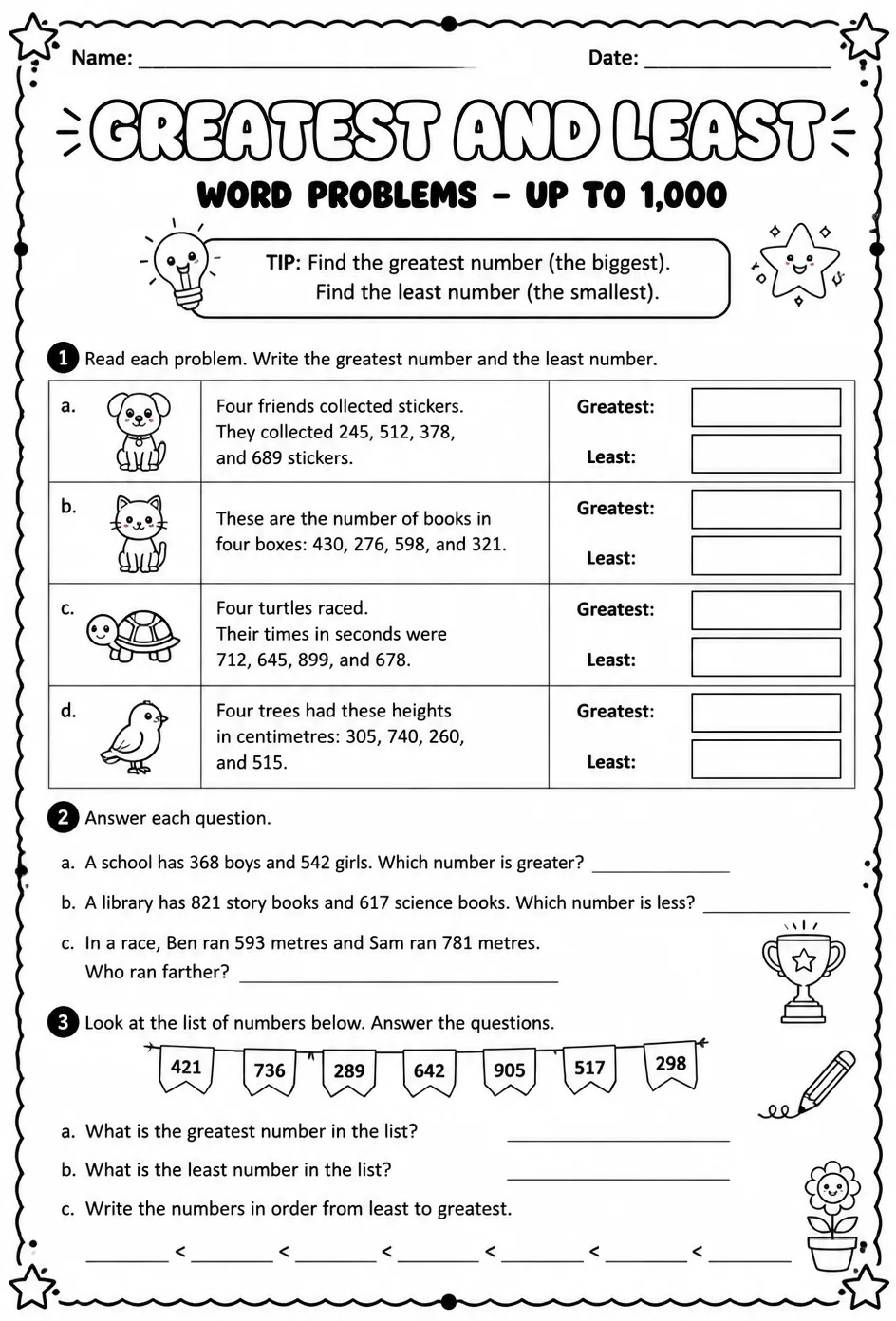 Greatest and least - word problems - up to 1,000 — free printable Grade 2 math worksheet