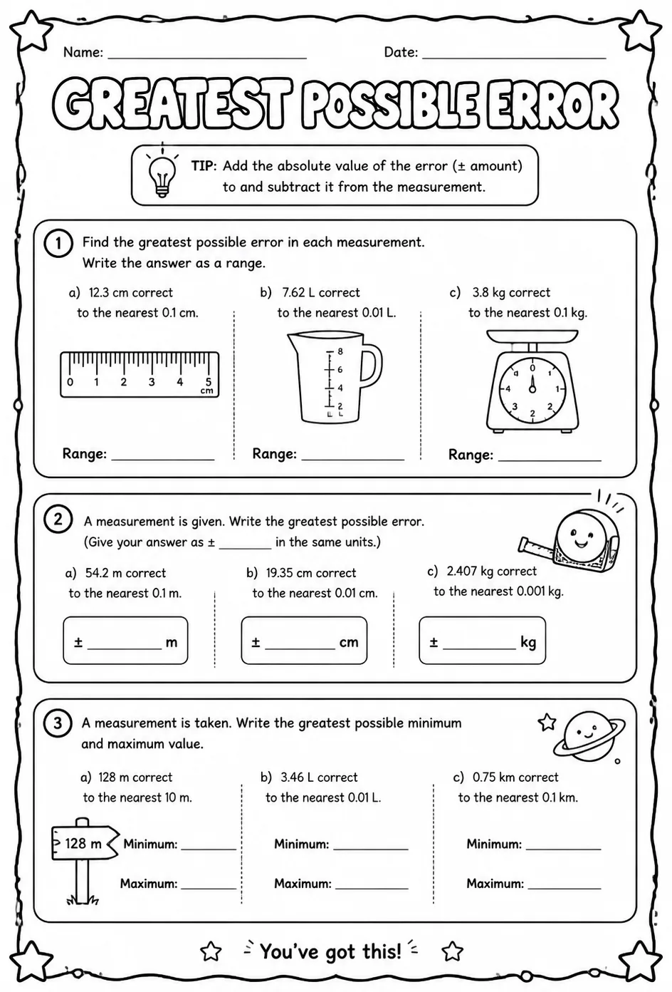 Greatest possible error — free printable Algebra 1 math worksheet