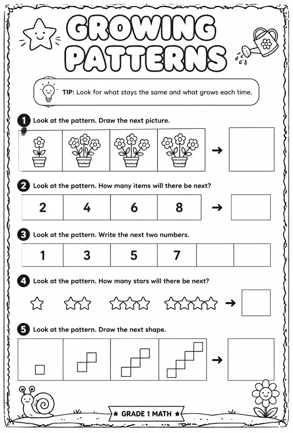 Growing patterns — free printable Grade 1 math worksheet