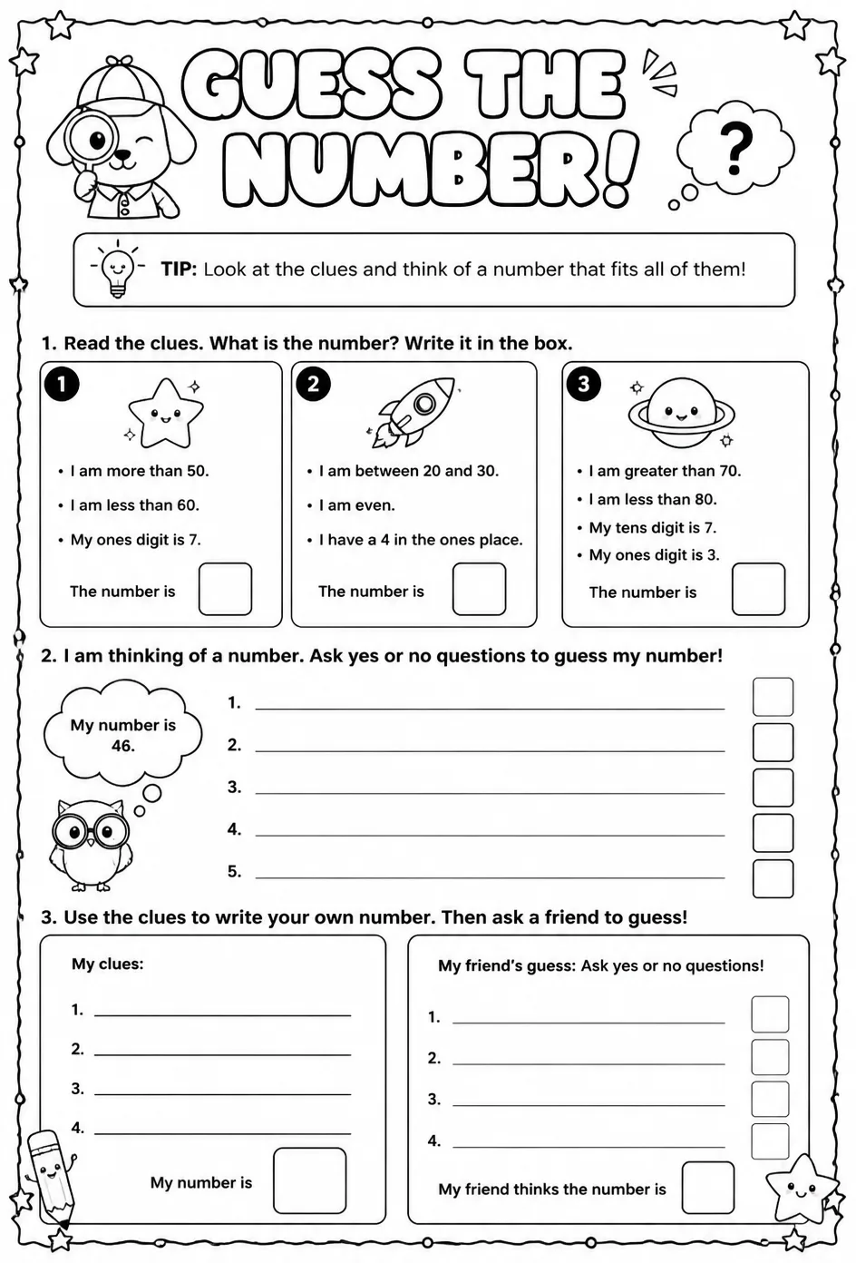 Guess the number — free printable Grade 2 math worksheet