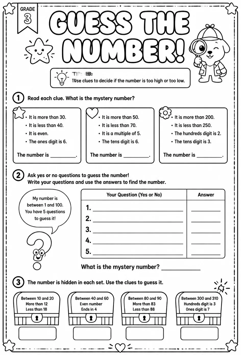 Guess the number — free printable Grade 3 math worksheet