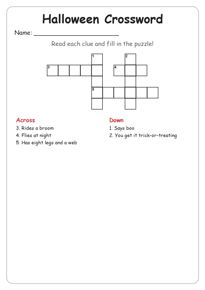 Halloween crossword worksheet for Grade 1